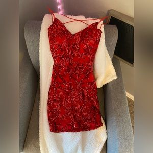 Red sequin homecoming dress w/cross back